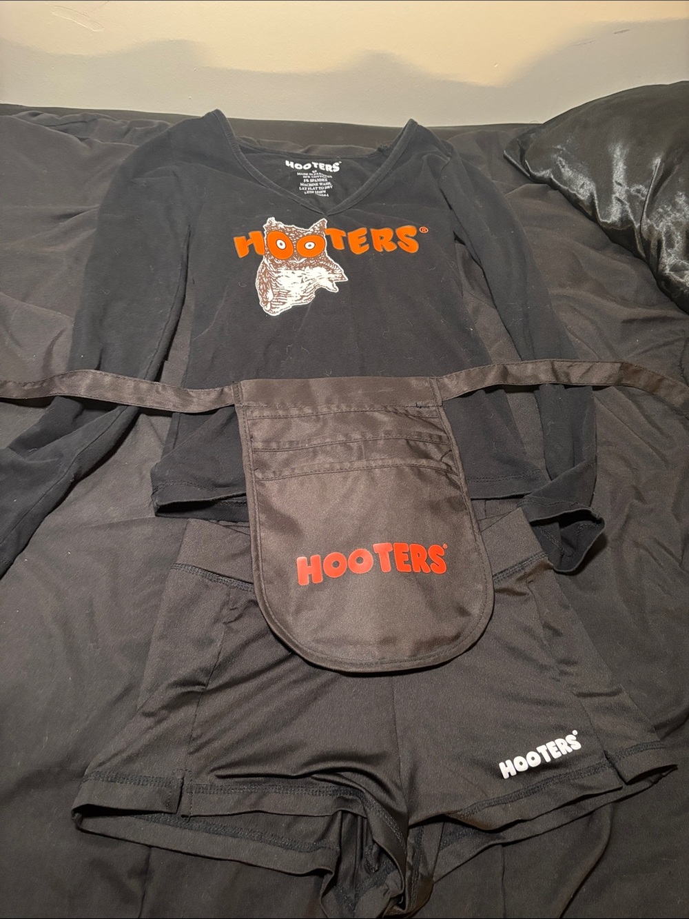 Hooters Black Long Sleeve Tee with Orange Logo and Black Shorts Set